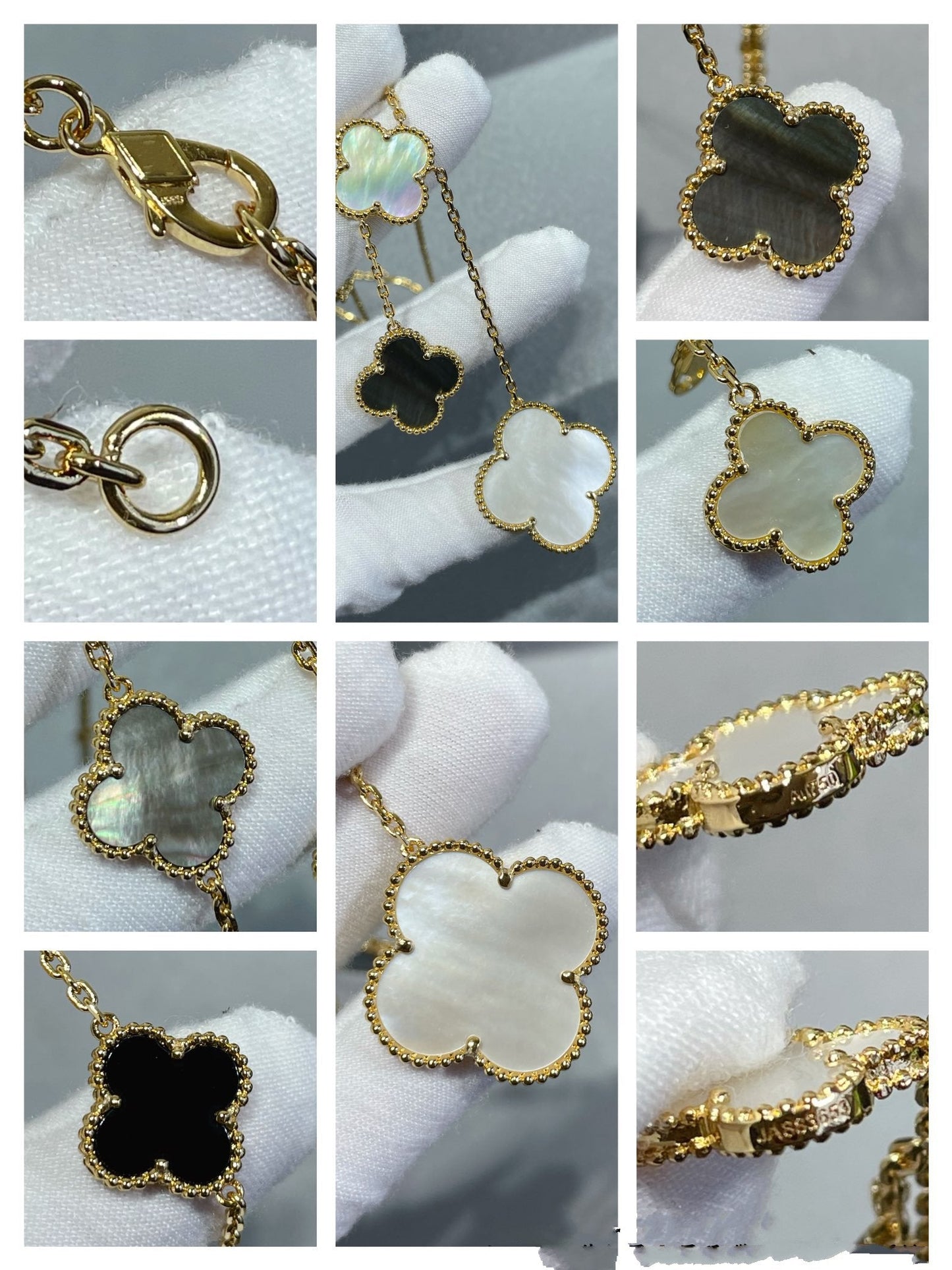 [AuraEcho]CLOVER 6 MOTIF MOP ONYX GOLD NECKLACE