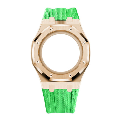 [AuraEcho]Steel Case & Fluoroelastomer Strap Full‑wrap Embedded Watch Band(Only Strap)