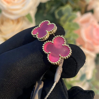 [AuraEcho]NEW CLOVER 15MM PINK ENAMEL STUD EARRINGS