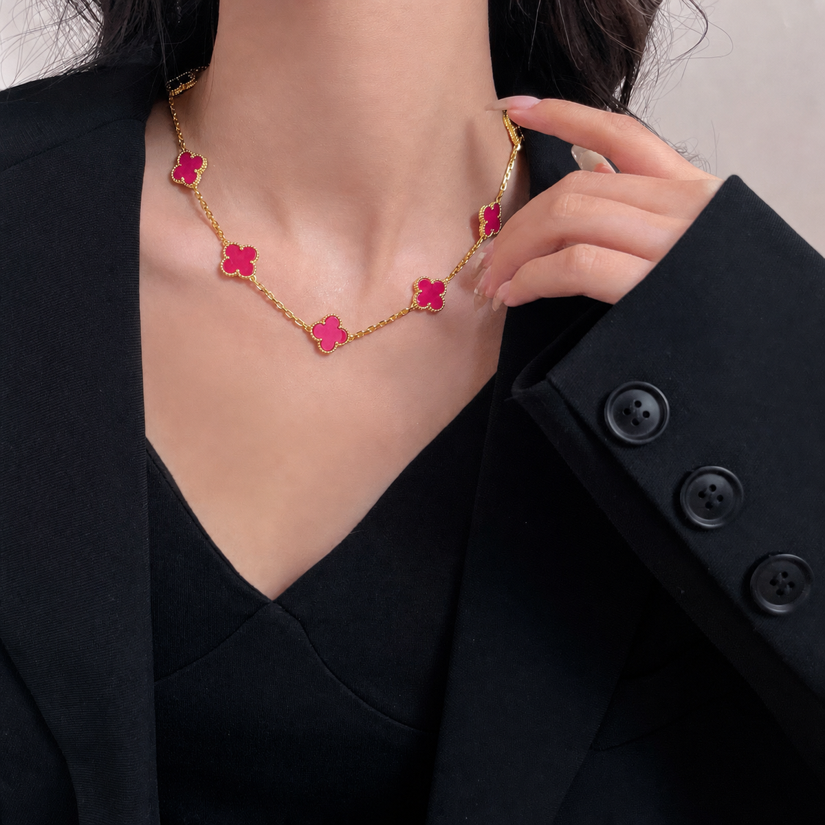 [AuraEcho]NEW CLOVER 10 MOTIFS PINK ENAMEL NECKLACE