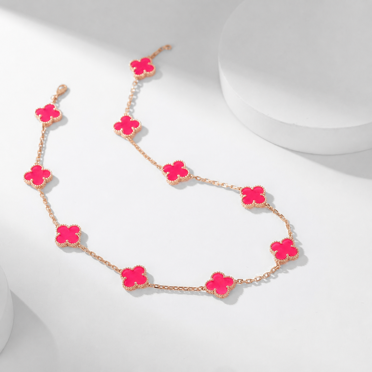 [AuraEcho]NEW CLOVER 10 MOTIFS PINK ENAMEL NECKLACE