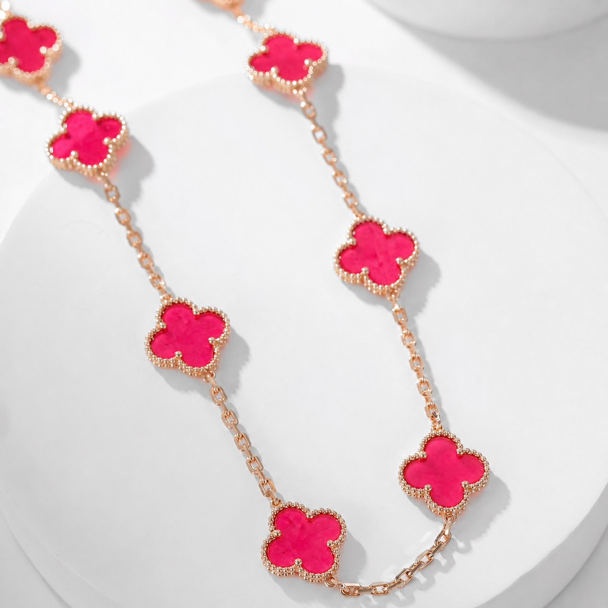 [AuraEcho]NEW CLOVER 10 MOTIFS PINK ENAMEL NECKLACE