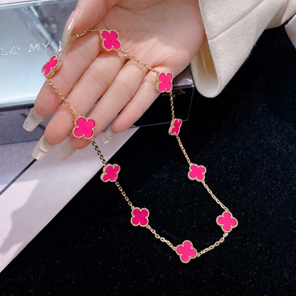 [AuraEcho]NEW CLOVER 10 MOTIFS PINK ENAMEL NECKLACE