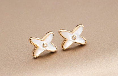 [AuraEcho]JEUX DE WHITE MOP ROSE GOLD DIAMOND EARRINGS