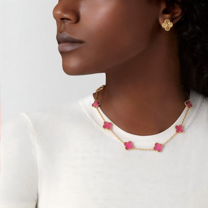 [AuraEcho]NEW CLOVER 10 MOTIFS PINK ENAMEL NECKLACE