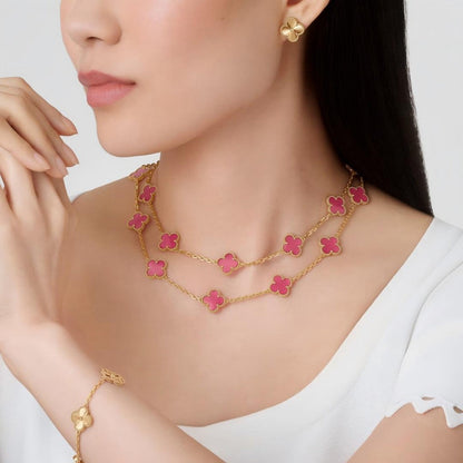 [AuraEcho] NEW CLOVER 20 MOTIFS PINK ENAMEL NECKLACE
