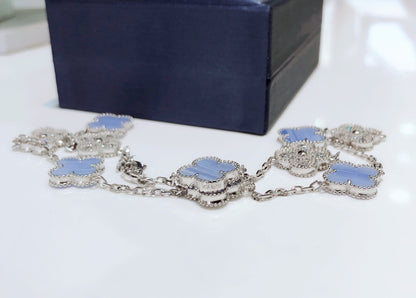 [AuraEcho]CLOVER 10 MOTIFS CHALCEDONY DIAMONDS SILVER NECKLACE